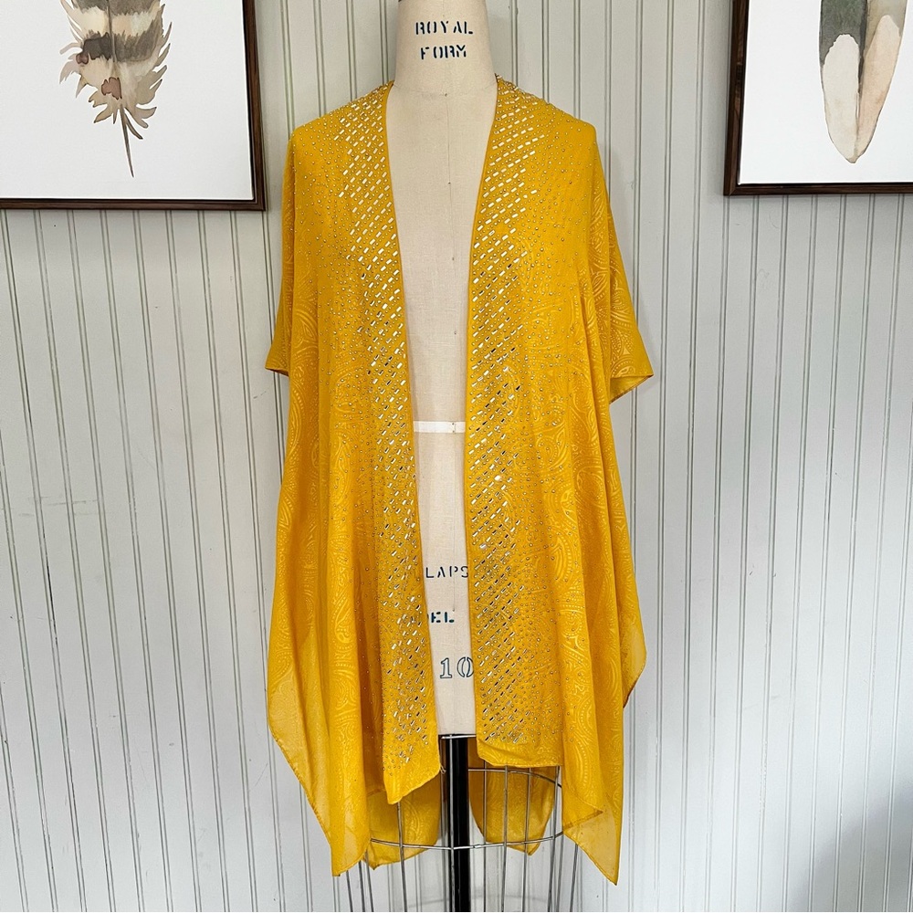 Vintage Golden Yellow Kimono paisley print studded and rhinestones
